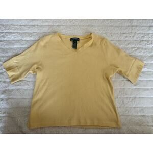 Lauren Ralph Lauren Yellow Ribbed Knit V-Neck Short Sleeve Petite P/S T-Shirt